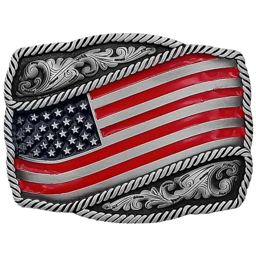 Men's Women's Unisex Patriotic American Flag Silver Tone Western Belt Buckle NWT